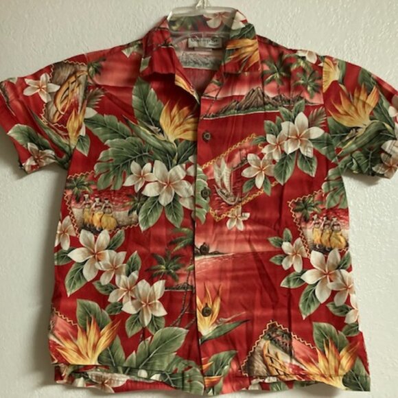 BISHOP STREET HAWAIIAN ALOHA PRINT Resort Wear Plumeria Hula Palms Canoes BOYS 8 - Picture 1 of 5